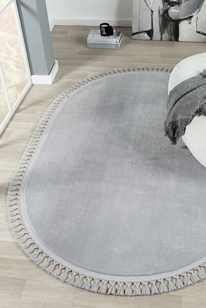 LİNOS HOME Puffy Açık Gri Oval Örgü Saçaklı Peluş Yumuşacık Yıkanabilir Kayma...