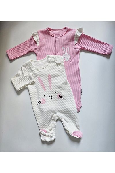 Necix's Rabbit Patterned Corded Cotton Long Sleeve Booties 3-Piece Jumpsuit Set Candy Pink-Light Blue