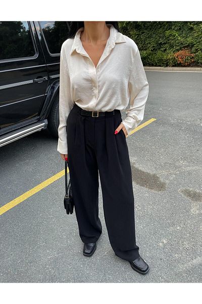 NameMe Black Palazzo Trousers - Belt Detailed