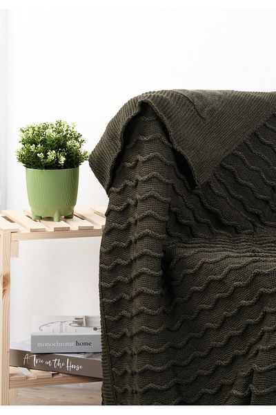 YGT Home Khaki Color 10 Pompom Tongue Knitwear Tv Blanket - 130X170 Leg Shawl and Sofa Shawl Decor