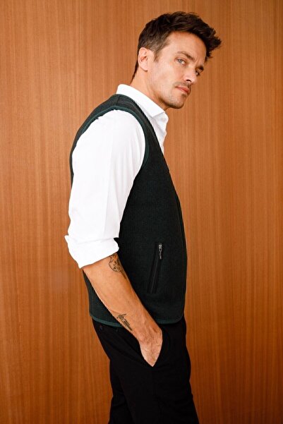 Desen Triko Men's Pique Woven Knitwear Vest with Zipper Pockets Green