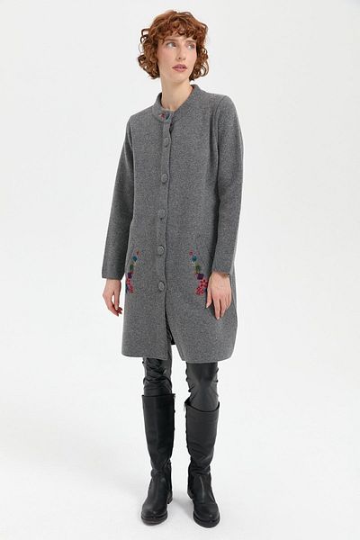 Desen Triko Women's Long Wool Cardigan with Smoke Color - Stand Collar and Embroidered Pocket