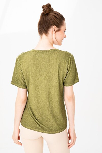 Desen Triko Γυναικεία Μπλούζα Χακί με κοντό μανίκι ζακάρ ύφασμα