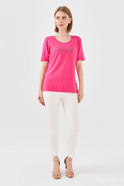 Desen Triko Tricou de damă cu mânecă scurtă cu gât roșu și din bumbac pieptănat, fucsia