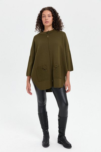 Desen Triko Khaki Women's Poncho - Stand Collar, Rose Embroidered Zipper, Short