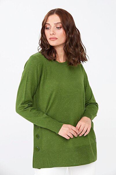 Desen Triko Γυναικείο πουλόβερ Glitter Dark Moss με Πλαϊνά και Κουμπιά Φούστας