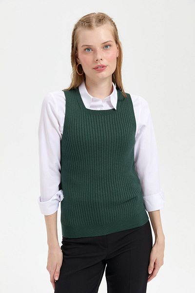 Desen Triko Green Seamless Women's Sweater - Crew Neck