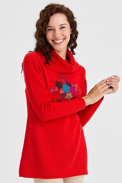 Desen Triko Women's Degaje Collar Front Embroidered Long Wool Sweater Coral