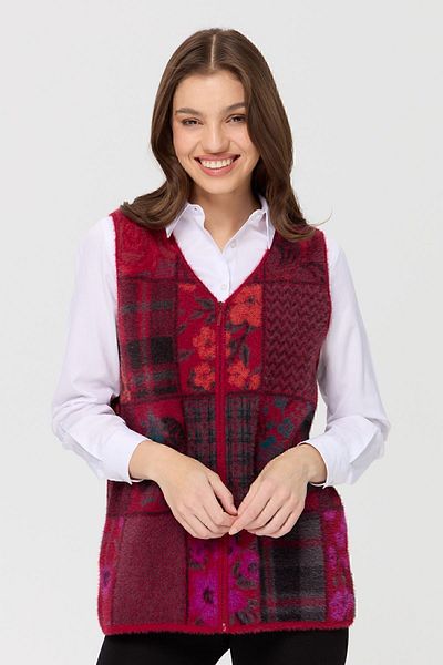 Desen Triko Vestă de damă cu decolteu în V patchwork roșu