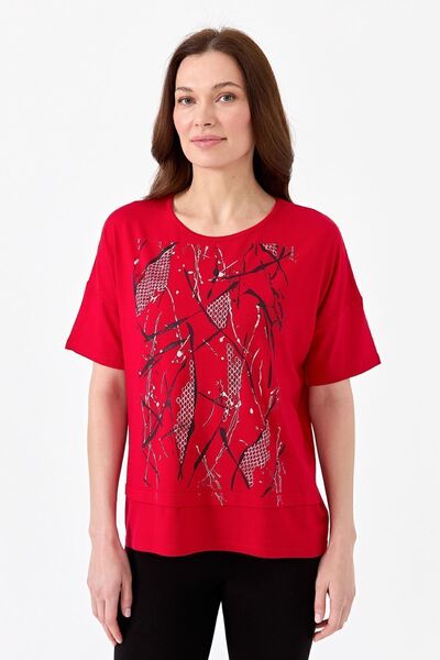 Desen Triko Tricou de damă, cu gât crepus, din bumbac pieptănat, cu imprimeu în față, roșu