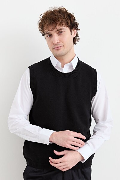 Desen Triko Men's Crew Neck Classic Wool Sweater Black