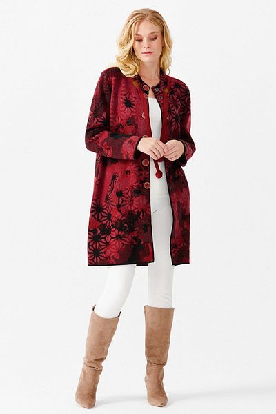 Desen Triko V. Red Women's Long Cardigan - Stand Collar and Shade Pattern