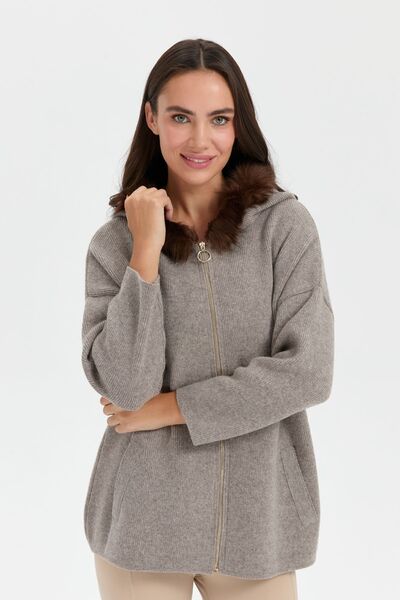 Desen Triko Cardigan din lână cu glugă din blană de nurcă - cu fermoar