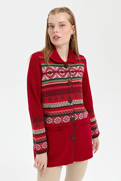 Desen Triko Red Araboy Wool Cardigan - Polo Neck and Felted Skirt