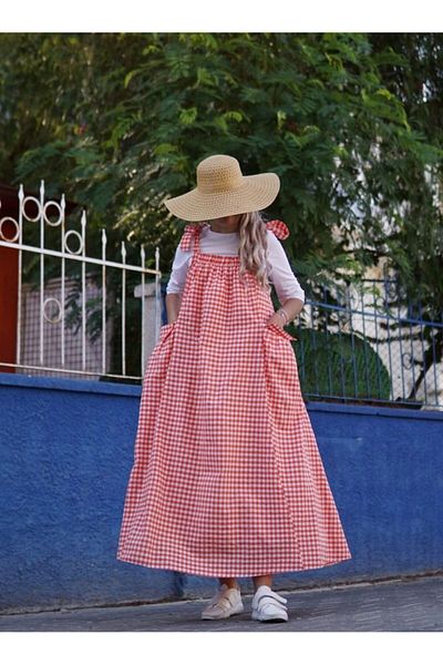 Launes Orange Oversize Gilet with Pockets and Gingham