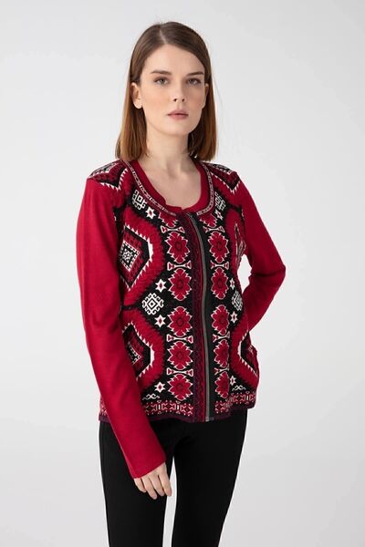 Desen Triko Kadın Sıfır Yaka Fermuarlı Önü Desenli Hırka Kırmızı