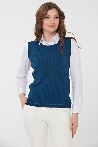 Desen Triko Γυναικείο πλεκτό αμάνικο μπλουζάκι Indigo