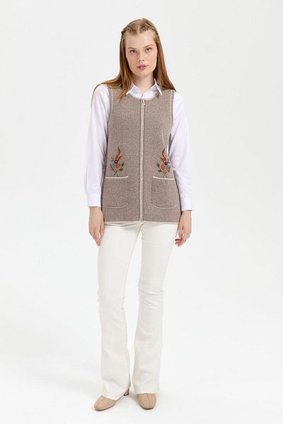 Desen Triko V.beige Women's Wool Vest - Zero Collar, Pocket Embroidered, Short Vest