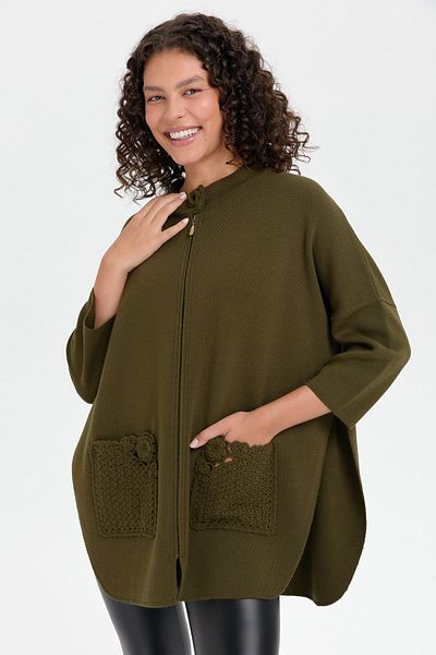 Desen Triko Khaki Women's Poncho - Stand Collar, Rose Embroidered Zipper, Short