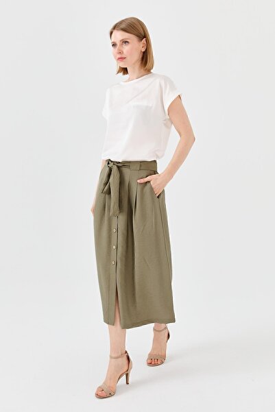 Desen Triko Women's Belted Waist Buttoned Front Skirt Khaki