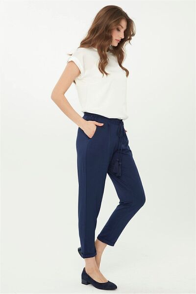 Desen Triko Woman's Carrot Leg Jersey Trousers Navy Blue