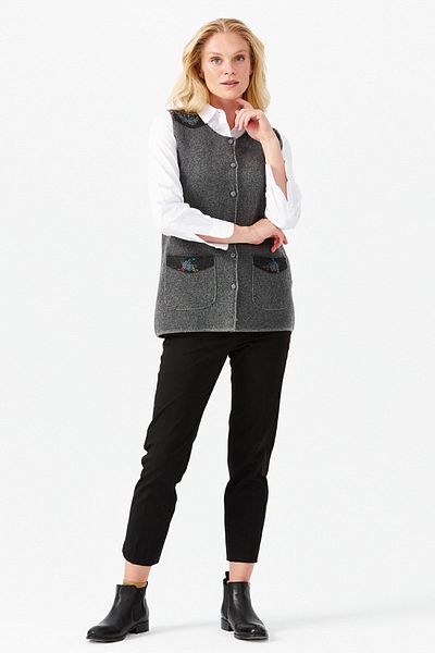 Desen Triko Women's Zero Collar Shoulder Pocket Cover Felt Embroidered Buttoned Vest Smoked