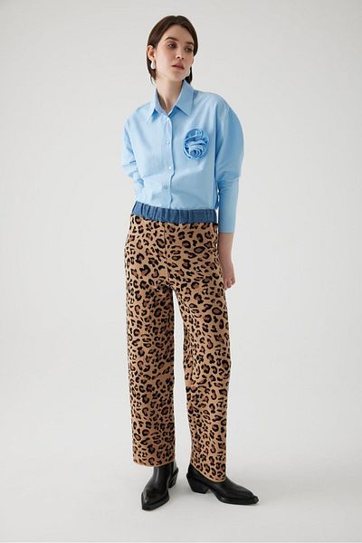 Exquise Leopard Patterned High Waist Denim Knitwear Trousers - Elastic Waist