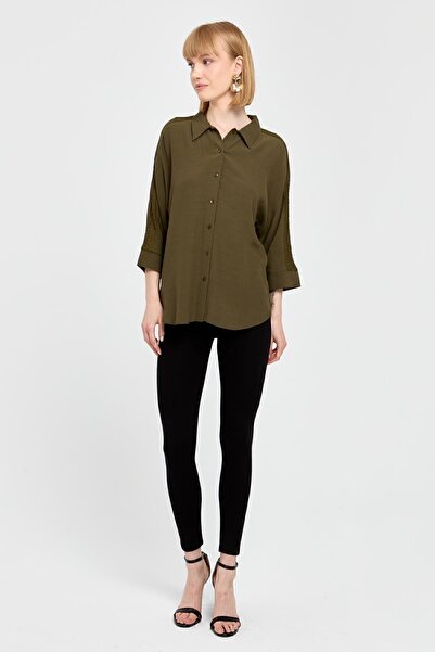 Desen Triko Χακί Δαντελένιο Ριγέ Γυναικείο Πουκάμισο - Maroken