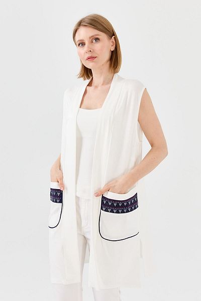 Desen Triko Vestă de damă lungă din bumbac pieptănat Ecru