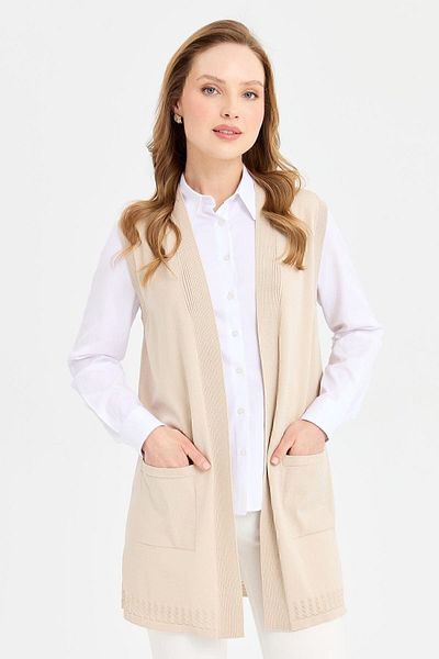 Desen Triko Women's Openwork Thin Knitwear Vest with Back and Skirt Beige