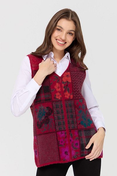 Desen Triko Vestă de damă cu decolteu în V patchwork roșu