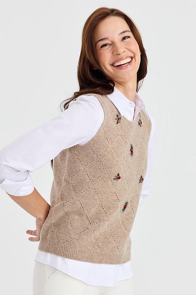 Desen Triko Women's Crew Neck Front Loose Linked Wool Sweater Red Beige