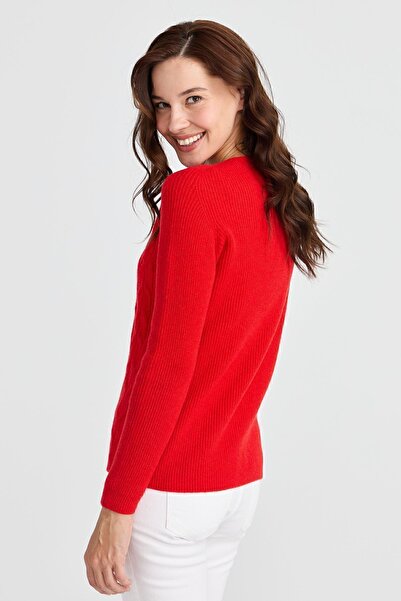 Desen Triko Women's Crew Neck Front Loose Wool Sweater Coral
