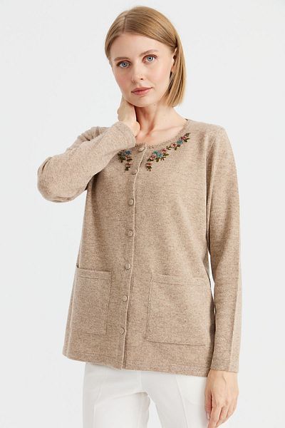Desen Triko Cardigan din lână brodat cu guler zero pentru damă, bej închis