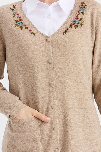 Desen Triko Cardigan de damă cu decolteu în V din lână brodat din dantelă bej închis