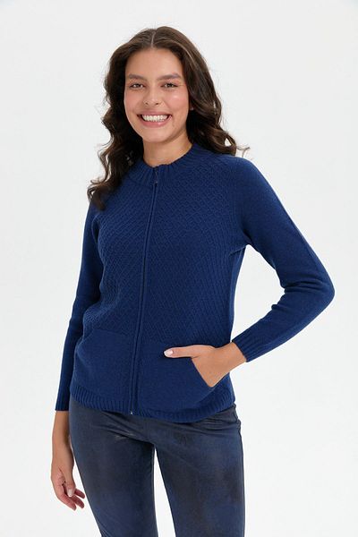 Desen Triko Cardigan de lână Indigo pentru femei - guler vertical, fără cusături și fermoar