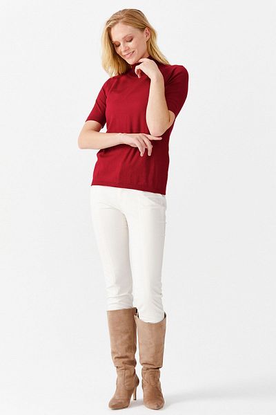 Desen Triko Women's Lycra Short Sleeve Full Turtleneck Blouse Dark Red