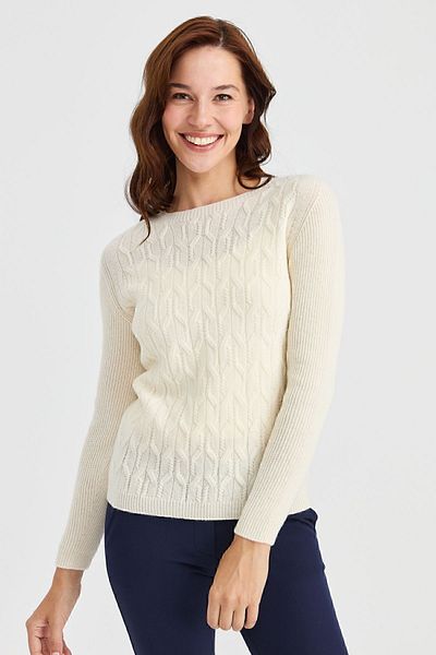Desen Triko Women's Crew Neck Front Wool Sweater Bone