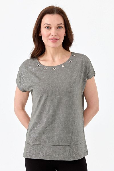Desen Triko Tricou de damă din bumbac pieptănat strălucitor cu accesorii pentru guler Kaki