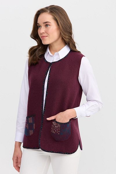 Desen Triko Women's Crew Neck Water Stone Bead Embroidered Short Vest Red