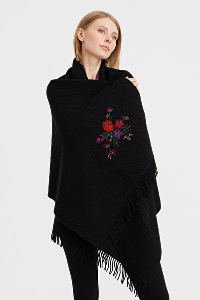 Desen Triko Women's Knitwear Rice Knit Embroidered Wool Shawl Black