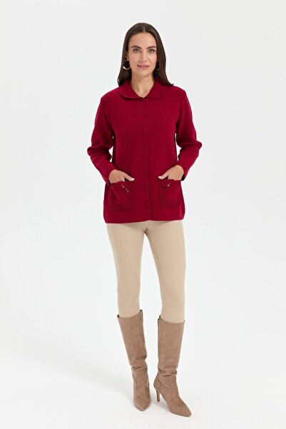 Desen Triko Жіночий вовняний кардиган з поло-коміром - з вишивкою троянди, ко...