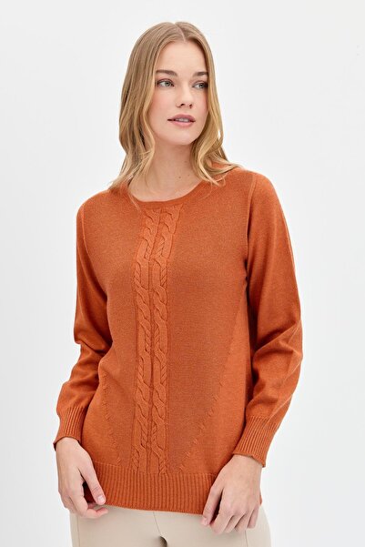 Desen Triko Orange Women's Sweater - Null Collar and Front Hair Braided