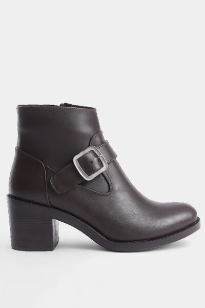 SAYL Women's Heeled Boots - Brown Buckle and Side Zipper