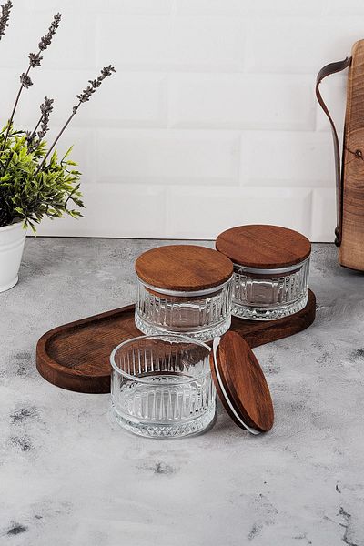 LUX ET AMOR Vella 4 Piece Tray Wooden Vacuumed Glass Breakfast Multi-Purpose Glass Snack Bowl with Lid 235 ml