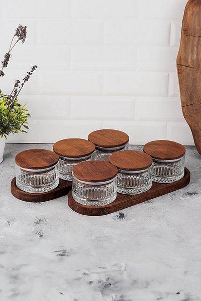 LUX ET AMOR Vella 8 Piece Tray Wooden Vacuumed Glass Breakfast Multi-Purpose Glass Snack Bowl with Lid 235ml