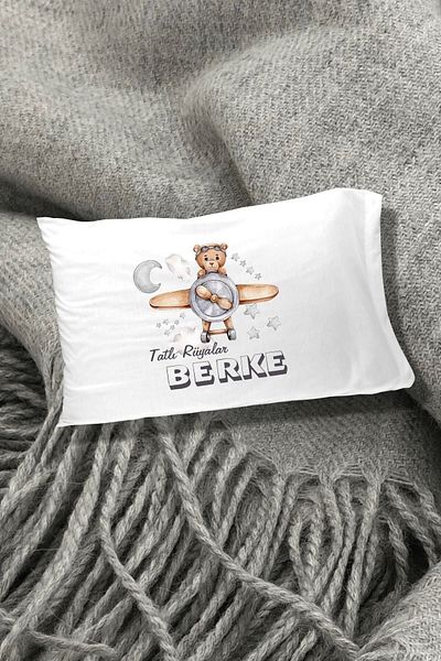 Hediyenza Pilot Cute Teddy Bear Printed Decorative Children's Pillow Case 50x70 Cm 1 Piece - White