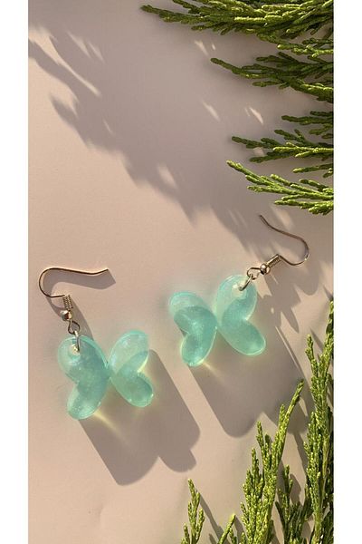 MISS GOLDEN Mint Green Butterfly Shape Silver Epoxy Earrings - Gift Handmade