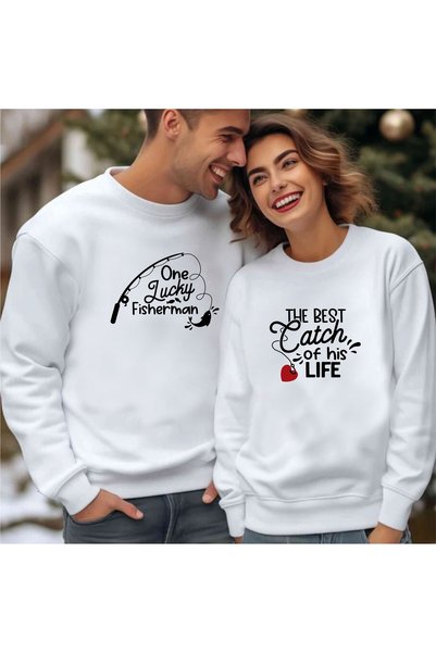 Hediyenza Lover Combination Lucky Fisherman Printed Valentine's Day Gift Swea...