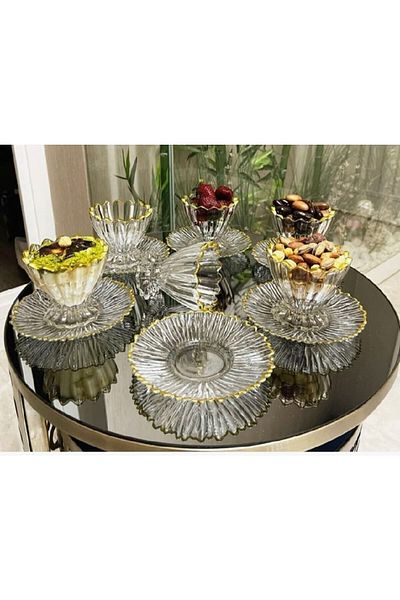 Kardelen Kristal 6 Person 12 Pieces Luxury Gilded Footed Snack Bowl Ice Cream Bowl